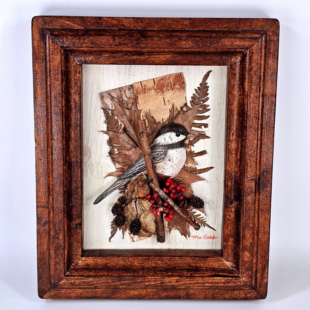 McGrew Signed 3D Mixed Media Shadow Box Art Chickadee Bird Wood Frame Rustic